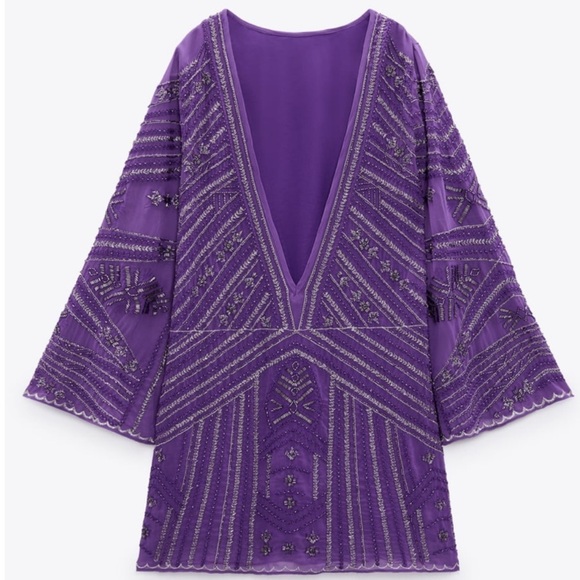 ZARA Beaded Mini Tunic Dress Purple BNWT - Picture 4 of 5